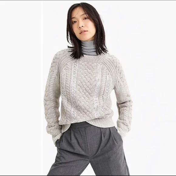 J.Crew Gray Silver Sequin Chunky Cable Knit Merino Wool Sweater SZ M - Picture 1 of 11